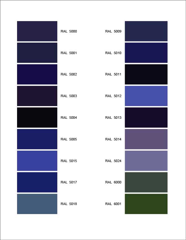 Fiche de couleurs disponibles